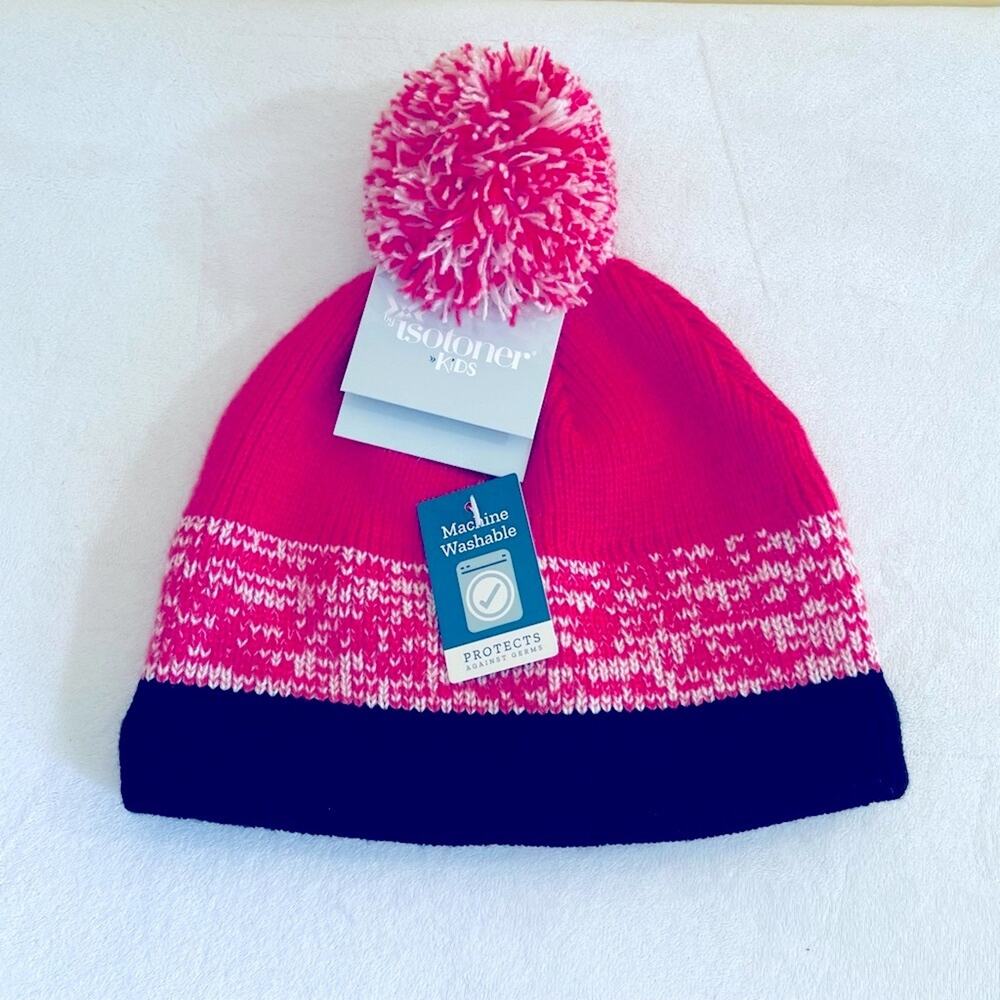 NWT isotoner Kids Hat Beanie Cold Weather Knit Hat Pom Pink Girls Unisex